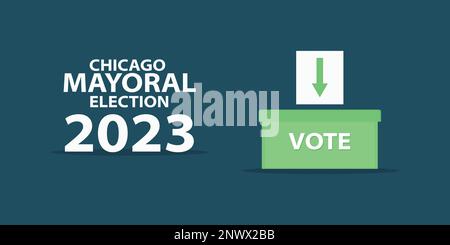 Élections au maire de Chicago 2023 isolées sur fond bleu foncé. Illustration graphique vectorielle des élections municipales américaines. Flèche sur le papier blanc en cours de diffusion Illustration de Vecteur