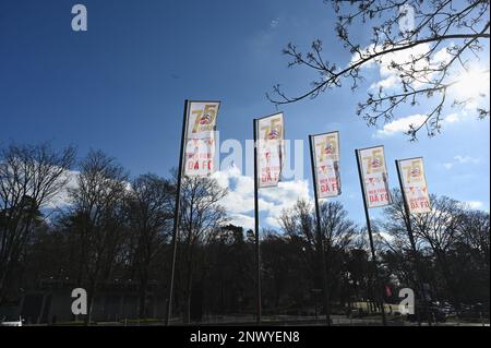 Cologne, Allemagne. 28th févr. 2023. Drapeaux avec l'inscription mir fiere dä fc ( nous célébrons le FC ) pour l'anniversaire 75th du 1. Le FC Köln survole devant le stade RheinEnergie crédit : Horst Galuschka/dpa/Alay Live News Banque D'Images