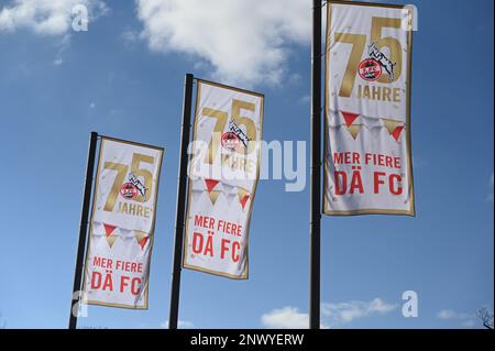 Cologne, Allemagne. 28th févr. 2023. Drapeaux avec l'inscription mir fiere dä fc ( nous célébrons le FC ) pour l'anniversaire 75th du 1. Le FC Köln survole devant le stade RheinEnergie crédit : Horst Galuschka/dpa/Alay Live News Banque D'Images