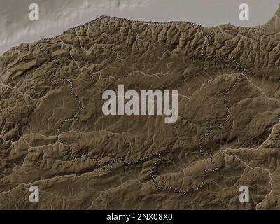 Kastamonu, province du Turkiye. Carte d'altitude colorée en tons sépia avec lacs et rivières Banque D'Images