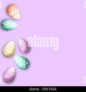 Pastel 3D oeufs de Pâques - dessin doux ludique pour les vacances - bannière, papier peint, carte postale, poste sur les médias sociaux avec espace pour le texte; sur violet Banque D'Images