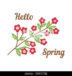 Branches printanières fleuris avec des feuilles. Texte bonjour printemps. Illustration d'un effet de caniche isolé et coloré. Carte ou impression tirée à la main Illustration de Vecteur