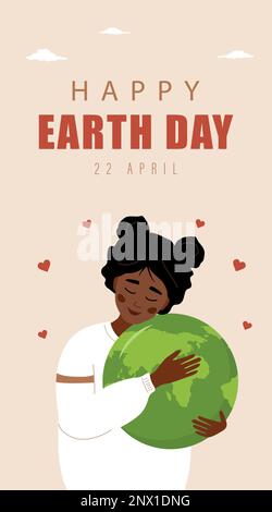 Modèle d'histoires Happy Earth Day. Une femme africaine mignonne la planète Terre avec soin et amour. Bannière, brochure et poster. Faites une terre de tous les jours Illustration de Vecteur