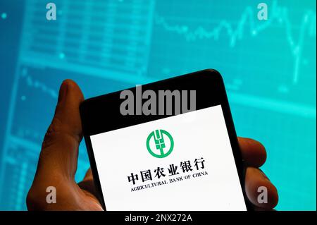 Chine. 19th févr. 2023. Dans cette illustration, le logo de la société bancaire chinoise Agricultural Bank of China est affiché sur un smartphone avec un graphique d'indice boursier économique en arrière-plan. Crédit : SOPA Images Limited/Alamy Live News Banque D'Images