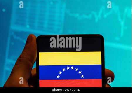 Chine. 19th févr. 2023. Dans cette illustration, le drapeau de la République bolivarienne du Venezuela est affiché sur un smartphone avec un graphique de l'indice boursier économique en arrière-plan. Crédit : SOPA Images Limited/Alamy Live News Banque D'Images