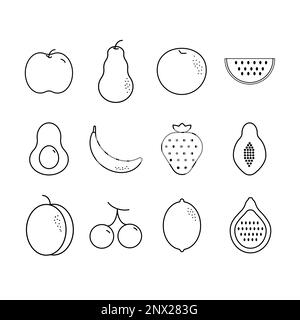 Ensemble simple d'icônes de ligne vectorielle liées aux fruits. Contient des icônes telles que Strawberry, Orange, Banana et plus encore. Illustration vectorielle Illustration de Vecteur