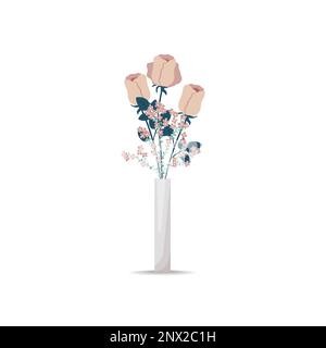 Un bouquet de roses en frêne rose dans un vase. Fleurs fleuries pour la décoration de la chambre. Illustration vectorielle de style plat, boho Illustration de Vecteur