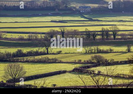 La vallée de l'aire près de Skipton, dans le Yorkshire du Nord. Airedale est une région géographique du Yorkshire, en Angleterre, correspondant à la vallée de la rivière ou le dale de la rivière aire. La vallée s'étend de l'origine de la rivière à aire Head Springs, Malham qui se trouve dans les Yorkshire Dales, en passant par Skipton on à Keighley, Bingley et Shipley jusqu'à Leeds et Castleford et pour rejoindre la rivière Ouse à Airmyn. Cette vallée est d'une grande importance topographique car elle permet de passer à basse altitude à travers le centre des Pennines jusqu'à la côte ouest connue sous le nom de aire Gap Banque D'Images