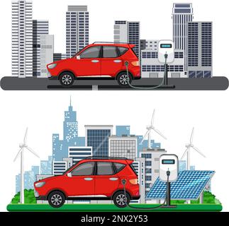 Station de charge EV avec illustration de voiture électrique Illustration de Vecteur