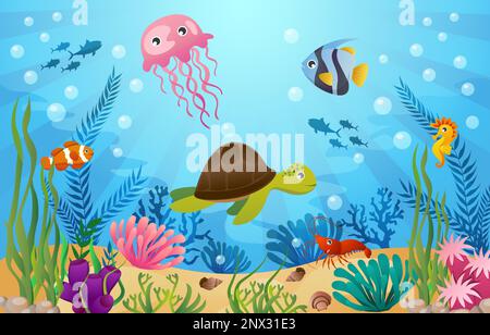 Animaux de la vie de mer avec scène de l'océan . Style de dessin animé . Vecteur . Illustration de Vecteur