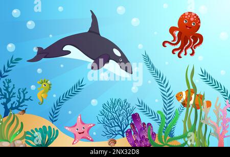 Animaux de la vie de mer avec scène de l'océan . Style de dessin animé . Vecteur . Illustration de Vecteur