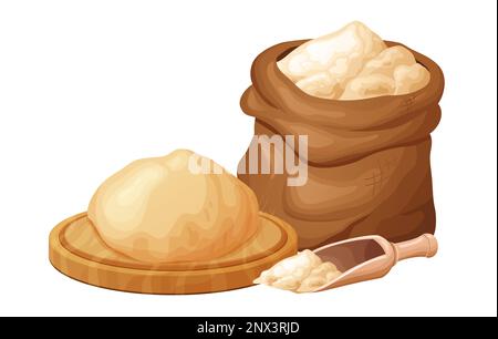 Rouleau à pâtisserie en bois avec pâte fraîche brute. Un délicieux pain fait maison. Farine dans un bol ou un sac, produit biologique. Illustration vectorielle isolée Illustration de Vecteur