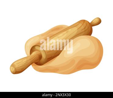 Rouleau à pâtisserie en bois avec pâte fraîche brute. Un délicieux pain fait maison. Farine dans un bol ou un sac, produit biologique. Illustration vectorielle isolée Illustration de Vecteur