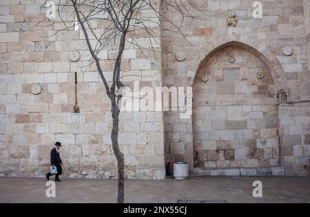 Détail de mur de la ville de Jérusalem à Jaffa Gate, vieille ville, Jérusalem, Israël. Banque D'Images