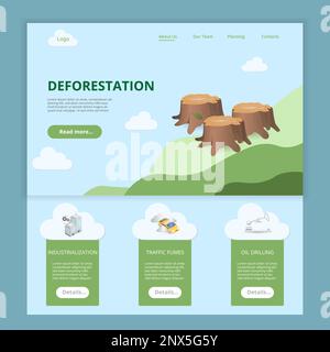 Page d'accueil de déboisement modèle de site Web. Industrialisation, gaz de circulation, forage pétrolier. Bannière Web avec en-tête, contenu et pied de page. Vecteur Illustration de Vecteur