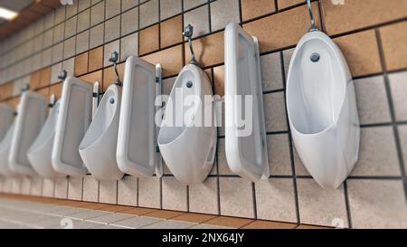 Toilettes publiques avec urinoirs suspendus sur les murs. 3D illustration. Banque D'Images