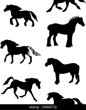 Motif vectoriel sans couture d'un dessin de doodle dessiné à la main le cheval reproduit une silhouette isolée sur fond blanc Illustration de Vecteur