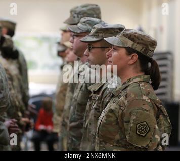 Le premier Sgt Shelly Johns écoute le général de division Rodney Boyd, le général adjoint de l'Armée de terre de la Garde nationale de l'Illinois et le commandant de la Garde nationale de l'Armée de l'Illinois lors de la cérémonie d'accueil de la compagnie de transport 1744th. La compagnie de transport 1744th, basée à Crestwood, dans l'Illinois, a tenu sa cérémonie de bienvenue le 18 février à Elk Grove Village dans le cadre de l'événement final de réintégration de l'unité. L'unité est revenue en novembre après un déploiement fédéral de 13 mois à la frontière sud-ouest du pays. Banque D'Images