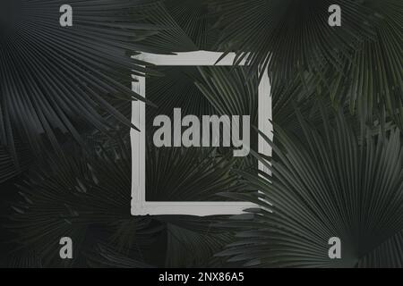 3d rendu du cadre photo blanc recouvert de feuilles de palmier. Concept de pose plate minimaliste Banque D'Images