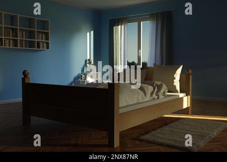 3D rendu de chambre spacieuse avec lit en bois dans la lumière du matin Banque D'Images