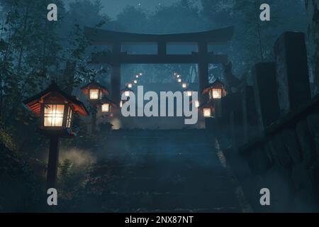 3d réalisation d'un ancien sanctuaire japonais avec porte rouge de torii et lanterne lumineuse en bois à la nuit brumeuse Banque D'Images