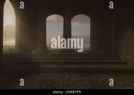 3D réalisation d'un grand hall avec colonnes ioniques et vue sur de belles montagnes dans la lumière du soleil du soir Banque D'Images
