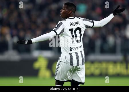 Turin, Italie . 28 février 2023, Paul Pogba de Juventus FC gestes pendant la série Un match de football entre le Juventus FC et le Torino FC au stade Allianz sur 28 février 2023 à Turin, Italie . Banque D'Images