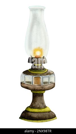 Lampe à kérosène d'époque aquarelle en bois, métal et verre. Vieille lanterne pour les journaux de voyage, les aventures desings Banque D'Images