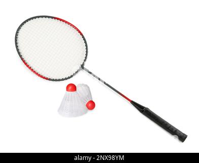 Raquette de badminton et fermetures sur fond blanc. Équipements sportifs Banque D'Images