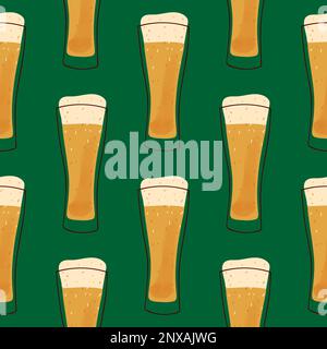 Motif sans couture avec illustration d'une tasse de bière stylisée sur fond vert Illustration de Vecteur
