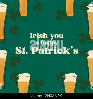 Carte de fête de la Saint-Patrick avec illustration stylisée de tasses de bière sur fond vert Illustration de Vecteur