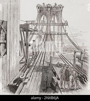 Pont de Brooklyn en construction. Le pont de Brooklyn a été construit entre 1870 et 1883. Après une illustration dans la Cyclopedia of Applied Mechanics d'Appletons, publiée en 1880. Banque D'Images