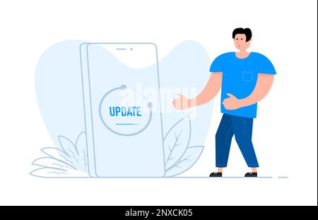 Un homme se trouve près du smartphone, sur la mise à jour et la mise à niveau du logiciel Screen System Illustration de Vecteur
