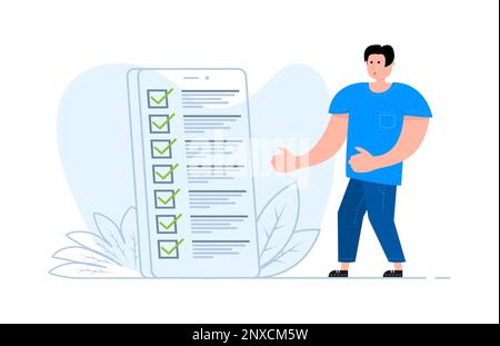 Un homme se tient près du smartphone, sur l'application de liste de contrôle à l'écran. Enquête, liste de contrôle, formulaire de demande Illustration de Vecteur