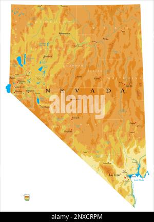 Carte physique très détaillée du Nevada, en format vectoriel, avec toutes les formes de relief, les régions et les grandes villes. Illustration de Vecteur
