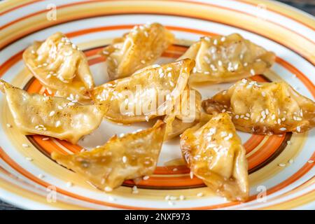 Portion de boulettes gyoza poêlées sur l'assiette Banque D'Images