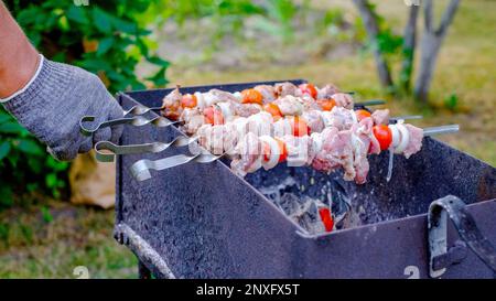 Barbecue. Cuisson de la viande, kebabs sur le feu. Pique-nique de printemps Banque D'Images