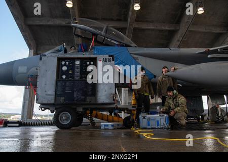 Les aviateurs affectés au 18th Equipment Maintenance Squadron examinent une commande technique F-15D Eagle à la base aérienne de Kadena, au Japon, le 25 janvier 2023. Les aviateurs de l'EMS 18th effectuent la maintenance pour assurer la fonctionnalité de l'avion à travers Kadena. Banque D'Images