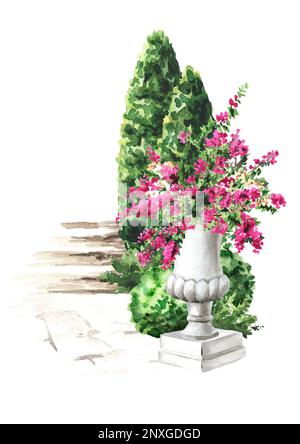 Jardin décoratif architectural en pierre vase en marbre ou pot de fleurs et escaliers. Design paysage, aquarelle dessinée à la main isolée sur blanc Banque D'Images