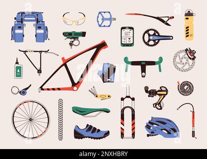 Illustration vectorielle plate des pièces, composants, pièces de rechange et accessoires de vélo. Le kit comprend des pièces de vélo telles que le cadre, la fourche, la selle, la roue, la barre Illustration de Vecteur