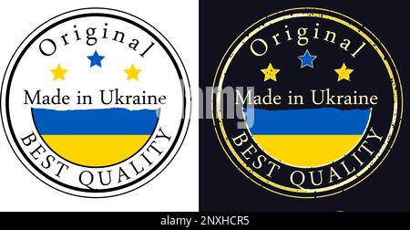 Fabriqué en tampon vecteur Ukraine. Étiquettes rondes avec drapeau ukrainien, original de meilleure qualité. Illustration de Vecteur