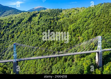 Vue aérienne du petit train jaune train dans le pont suspendu au pont Gisclard pont entre Sauto et Planès, France. Le Pont Gisclard ou Pont d Banque D'Images