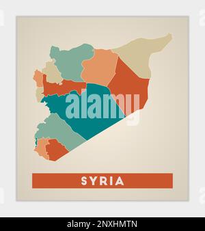 Affiche sur la Syrie. Carte du pays avec des régions colorées. Forme de la Syrie avec le nom du pays. Illustration vectorielle artistique. Illustration de Vecteur