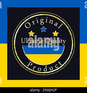 Timbre de grunge d'or avec le texte Ukraine qualité et produit original. Autocollant avec couleurs de drapeau ukrainien. La guerre en Ukraine concept. Illustration de Vecteur