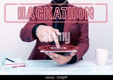 Affichage conceptuel Hackathon. Mot pour événement où un grand nombre de personnes s'engagent dans la programmation Banque D'Images