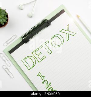 Symbole de texte indiquant Detox. Mot pour moment pour l'alimentation Nutrition santé traitement de toxicomanie nettoyer Banque D'Images