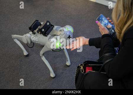 Barcelone, Barcelone, Espagne. 1st mars 2023. Chien robot. Le Mobile World Congress (MWC) retourne à Barcelone pour une autre année, où il accueille les derniers développements dans le secteur de la mobilité entre 27 février et 2 mars, avec l'ajout du congrès de 4 ans d'ici (4YFN) au principal lieu. Crédit : ZUMA Press, Inc./Alay Live News Banque D'Images