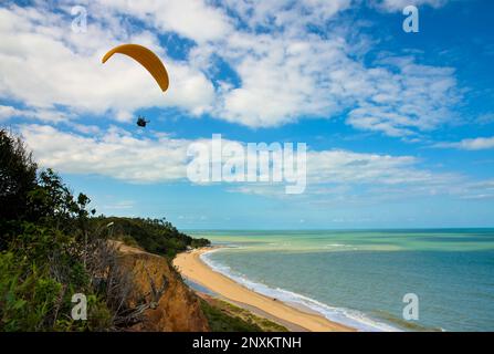 saut en parachute, parapente jaune survolant la plage Banque D'Images