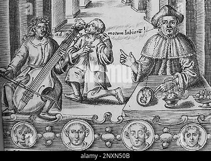 Détail de la frontispice du Philocophus de John Bulwer, publié en 1648, montrant un homme sourd écoutant de la musique par conduction osseuse à travers les dents. John Bulwer (1606-1656) était un médecin et philosophe anglais qui a écrit cinq ouvrages explorant le corps et la communication humaine, dont Chirologia (1644) et Philocophus (1648). Il a été la première personne en Angleterre à proposer l'éducation des personnes sourdes. Les formes de main décrites dans Chirologia sont encore utilisées en langue des signes britannique. Banque D'Images