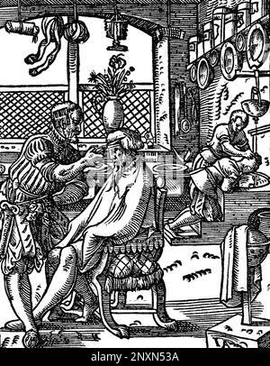 Un coiffeur coupant les cheveux d'un homme. Coupe de bois du Livre des métiers de Jost Amman, 1568. Banque D'Images